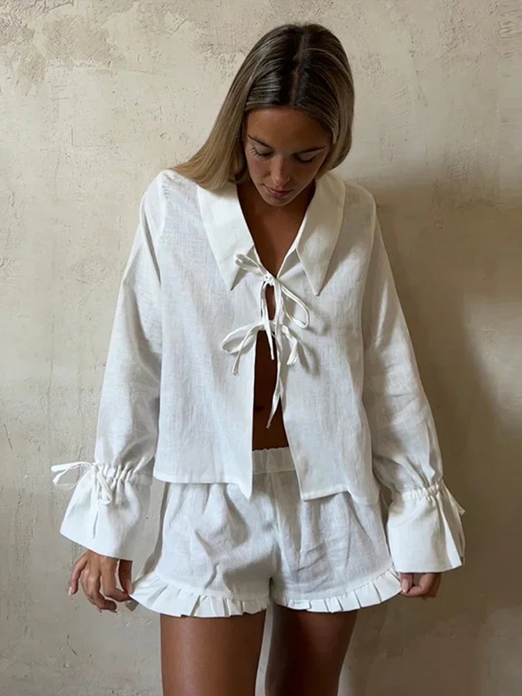 Lace Up Bow Short Sets For Women's Solid V-neck Long Sleeve Blouse Ruffles Shorts Suit Spring Summer Matching Outfit Set - The Clothing Company Sydney