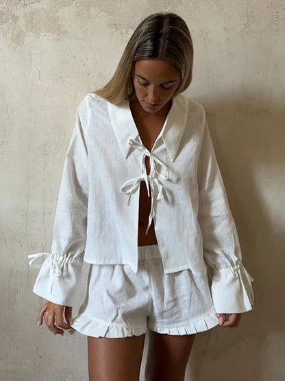Lace Up Bow Short Sets For Women's Solid V-neck Long Sleeve Blouse Ruffles Shorts Suit Spring Summer Matching Outfit Set - The Clothing Company Sydney