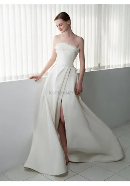 Luxury White Satin Trailing Wedding Dresses Women Elegant Strapless Long Prom Party Bridal Dress - The Clothing Company Sydney
