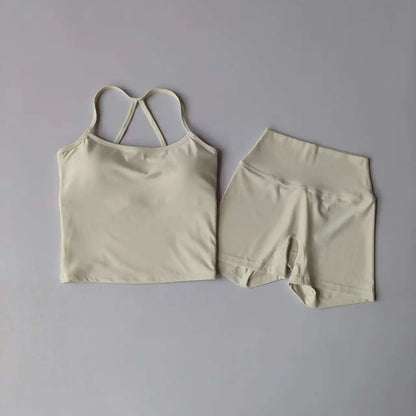 2 Piece Yoga Gym Set Halter Top Set Yoga High Waist Shorts Backless Tights Bra Vest Seamless Stretch Ribbed Shorts Set - The Clothing Company Sydney