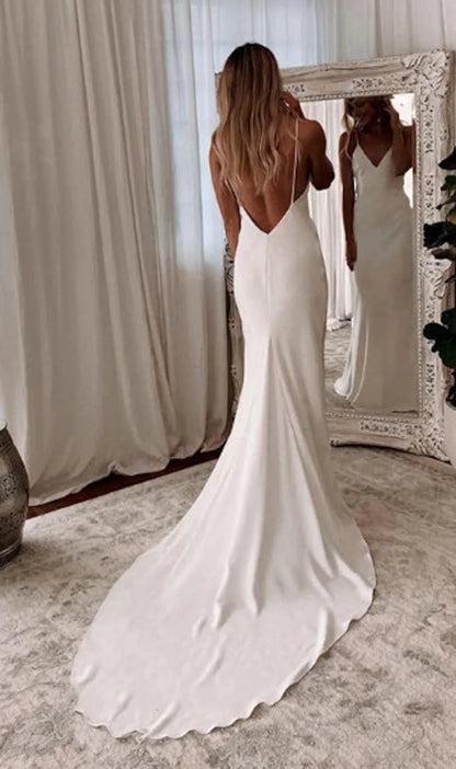 Satin Wedding Dress V-neck Spaghetti Straps Backless Formal Pleat Bridal Grown - The Clothing Company Sydney