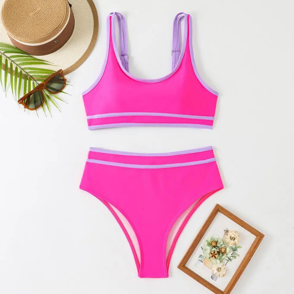2 Piece Vintage Hot Pink Patchwork Bikini Set Summer Push Up Bra High Waist Swimsuit Beach Bathing Suit Two Piece Swimwear - The Clothing Company Sydney