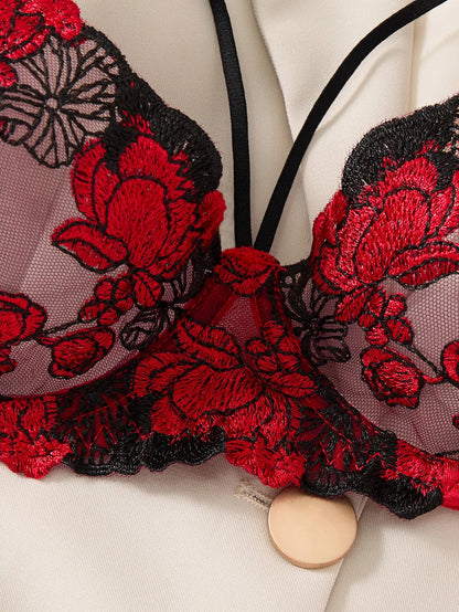 Two piece Embroidered bra Women's Floral Embroidered Lingerie - Black and red Underwear Set The Clothing Company Sydney