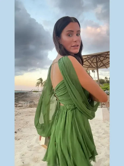Green Pleated Mini Elegant V-neck Split Long Sleeve A-line Summer Lady Solid Backless Lace Up Dress - The Clothing Company Sydney