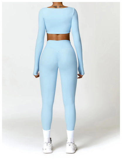 2 Piece Long Sleeve Gym Set Women Yoga Clothes Quick-Drying Sportswear Running Leggings Workout Sports Crop Top Shorts - The Clothing Company Sydney