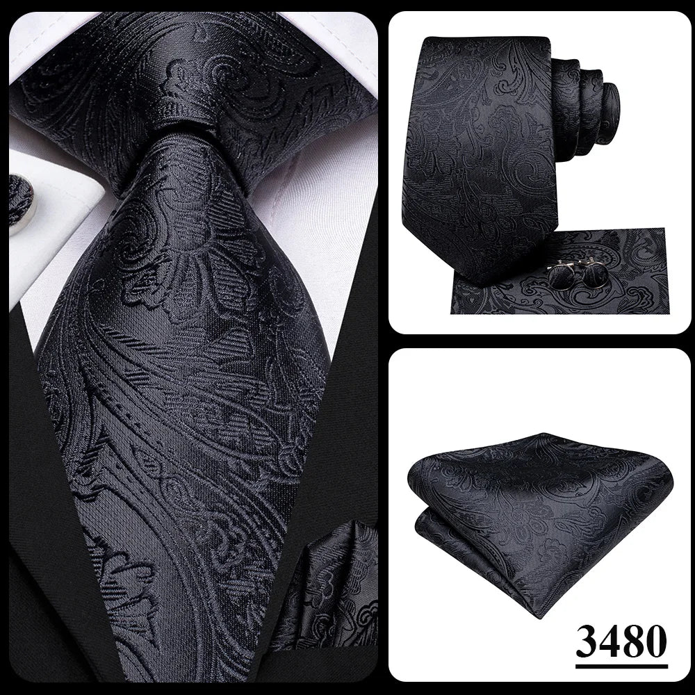 3 Piece Black Floral Silk Wedding Tie For Men Handky Cufflink Elegant Necktie Set For Men - The Clothing Company Sydney
