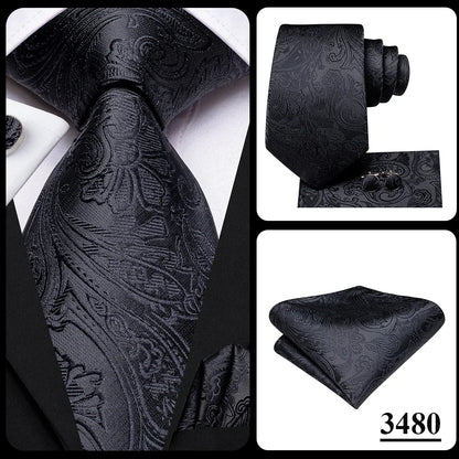 3 Piece Black Floral Silk Wedding Tie For Men Handky Cufflink Elegant Necktie Set For Men - The Clothing Company Sydney