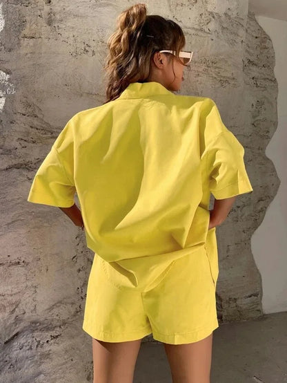 Long Sleeve Single breasted Top Broad legged Shorts Set Fashion Ladies Solid Suits Summer 2 Piece Matching Outfits For Women The Clothing Company Sydney