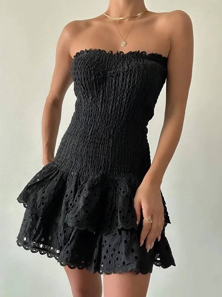 Colourblock Embroidery Women's Strapless Sleeveless High Waist Patchwork Folds Slimming Dresses - The Clothing Company Sydney