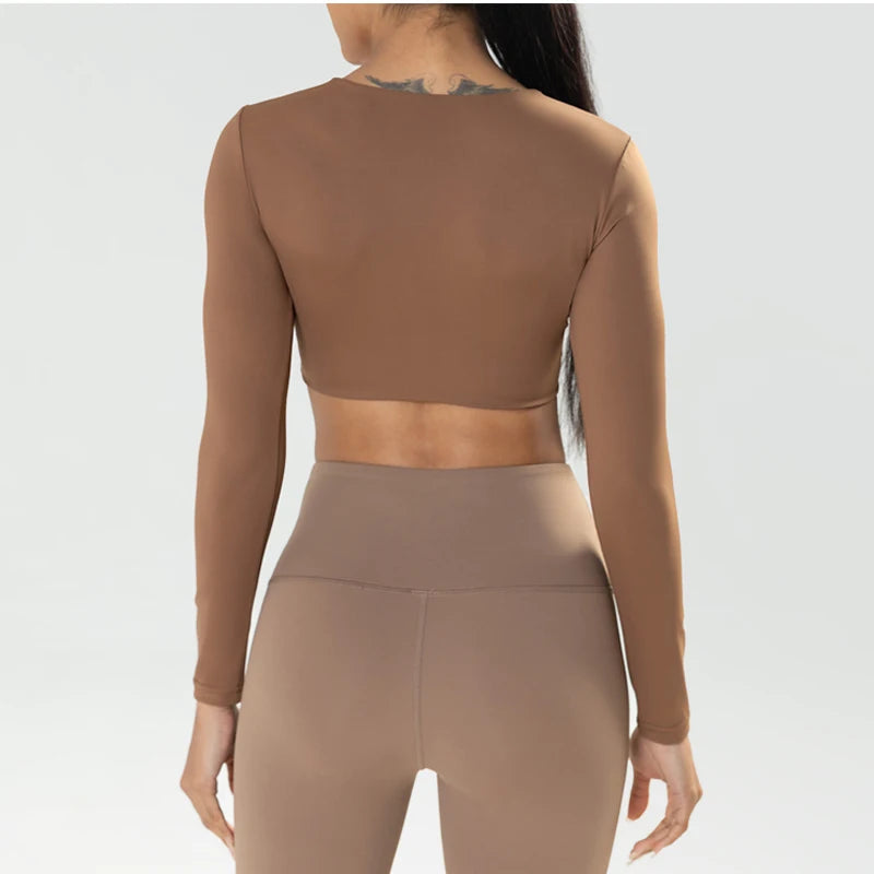 Long Sleeve Gym Crop Tops for Women Twist Deep V Workout Crop T Shirt Top Quick Dry Padded Sports Fitness Yoga Top The Clothing Company Sydney