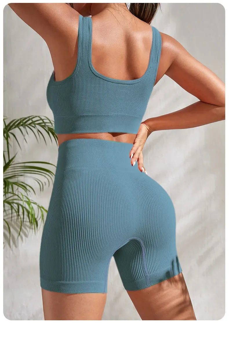 Seamless Ribbed Yoga Sets Workout Sets for Women 2 Pieces Gym Suits Ribbed Crop Tank High Waist Shorts Outfits Fitness Running The Clothing Company Sydney