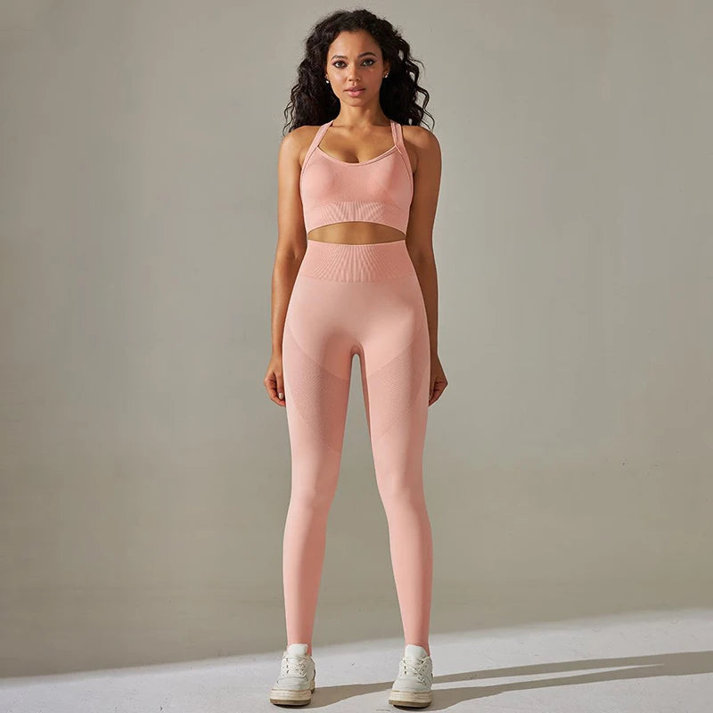 Cross Back Strap Yoga Set Women High Waist Leggings Running Workout Suits Sportswear Seamless Fitness Clothes Tracksuit Set - The Clothing Company Sydney