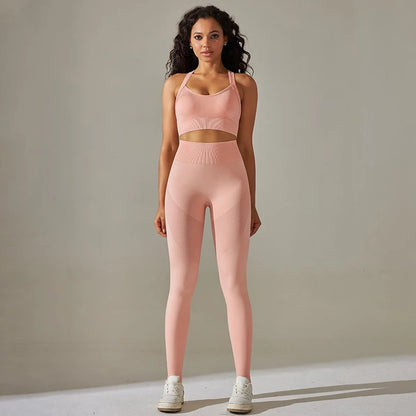 Cross Back Strap Yoga Set Women High Waist Leggings Running Workout Suits Sportswear Seamless Fitness Clothes Tracksuit Set - The Clothing Company Sydney