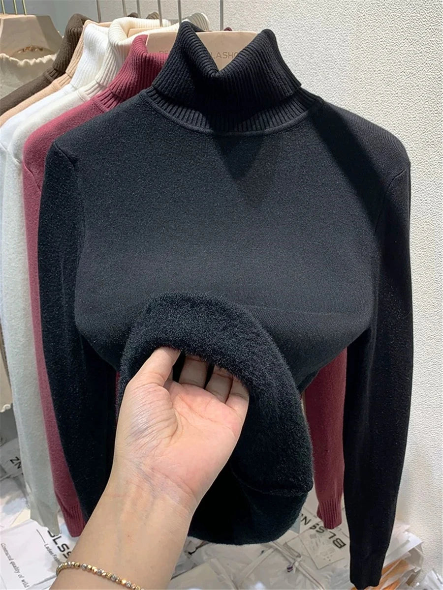 Ladies Turtleneck Winter Sweater Women Elegant Thick Velvet Lined Warm Knitted Pullover Slim Tops Jersey Knitwear Jumper The Clothing Company Sydney