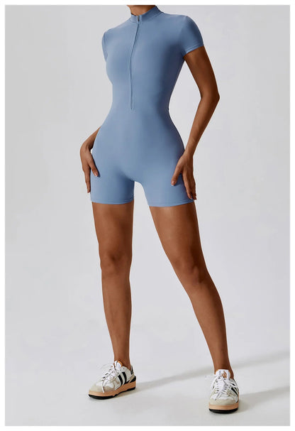 One Piece Jumpsuit Summer Short Sleeve Zipper Sports Wear Gym Fitness Bodysuits Women Dance Running Workout Clothes Yoga Suit The Clothing Company Sydney