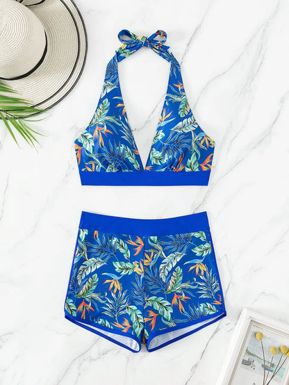 2 Piece Halter Bikini Set Shorts Swimsuit High Waist Swimwear Female Printed Bathers Swimming Bathing Swim Suit Beachwear - The Clothing Company Sydney