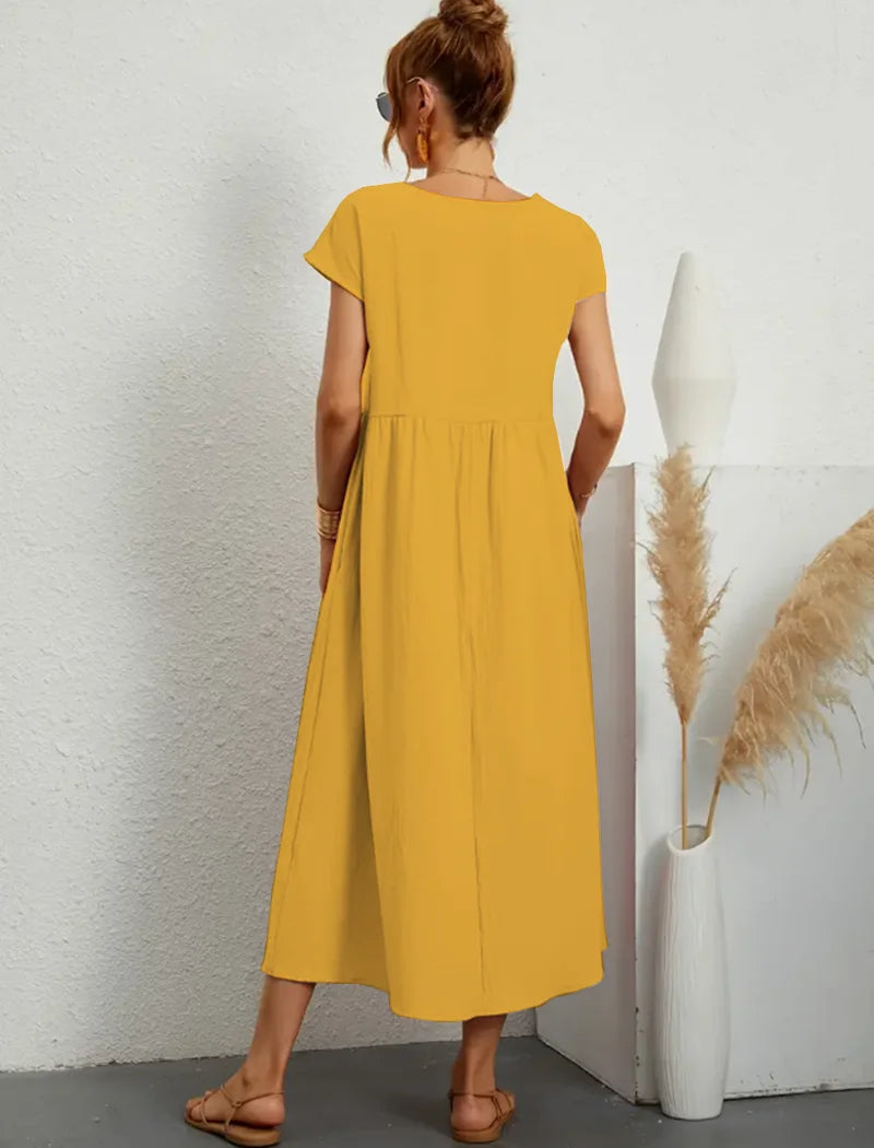 Women's Elegant Dress Summer Short Sleeve O-Neck Vintage Cotton Linen Comfortable Loose Pocket Long Dress - The Clothing Company Sydney