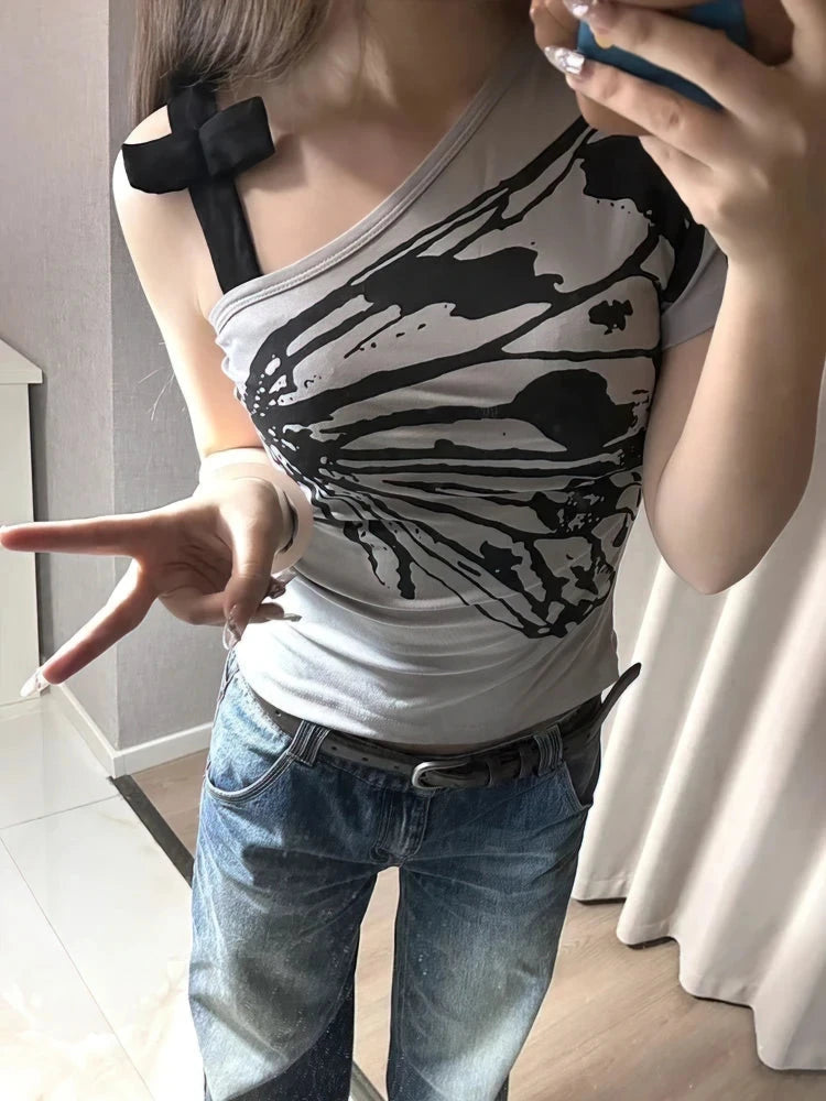 Off shoulder Summer T shirt Womens Aesthetic Print Short sleeve Body Tops Female Tees Cotton Front Bow Tied Top The Clothing Company Sydney