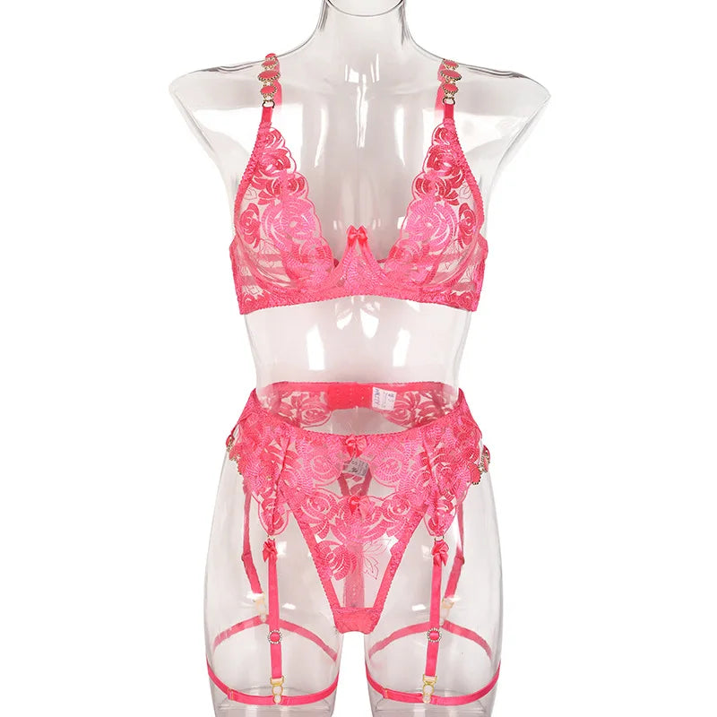 3 Piece Lingerie Luxury Jewel Shoulder Strap Underwear Garter Lace IntimateLingerie Set - The Clothing Company Sydney