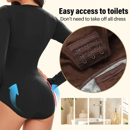 Spandex Elastic Body Suit Shapewear Women Body Shaper Long Sleeve Round Neck Seamless Shapers - The Clothing Company Sydney