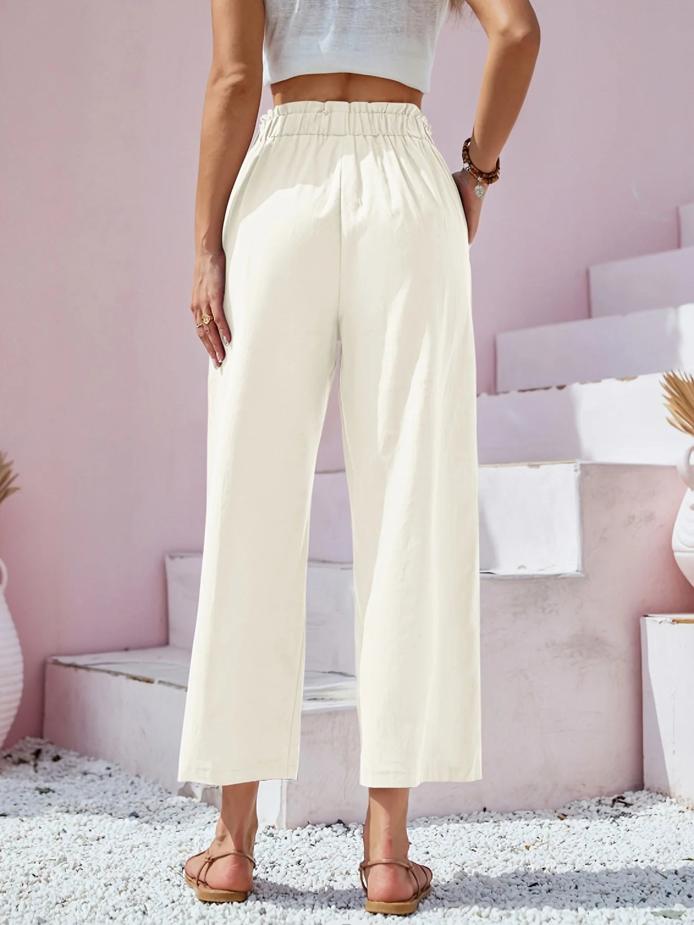 Women's Cotton Linen Loose Wide Leg Pants Summer Female High Elastic Waist Button Casual Streetwear Trousers The Clothing Company Sydney