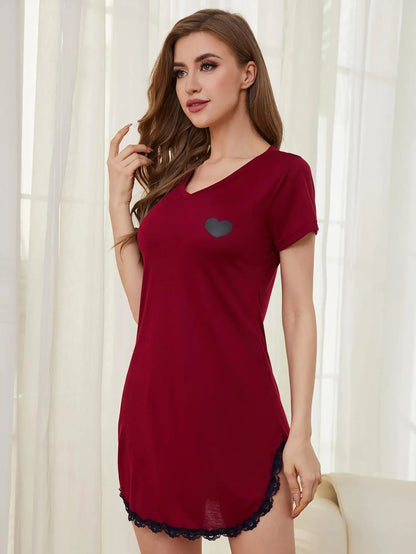 Summer Sleepwear Women Lace Hem Nightdress V-neck Short Sleeve Pajamas Nighties Nightgown Nightwear Side Split Skirt - The Clothing Company Sydney