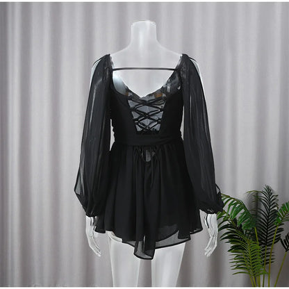 Green Pleated Mini Elegant V-neck Split Long Sleeve A-line Summer Lady Solid Backless Lace Up Dress - The Clothing Company Sydney