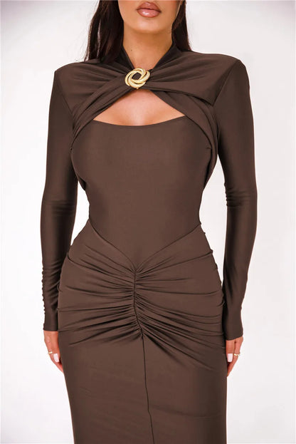 Hollow Out Long Sleeve Maxi Dress Gown Autumn Winter New Metal Buckle Ruched Slit Long Elegant Dress - The Clothing Company Sydney