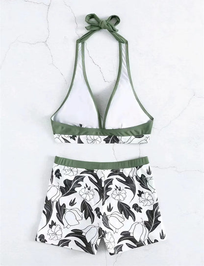 2 Piece Halter Bikini Set Shorts Swimsuit High Waist Swimwear Female Printed Bathers Swimming Bathing Swim Suit Beachwear - The Clothing Company Sydney