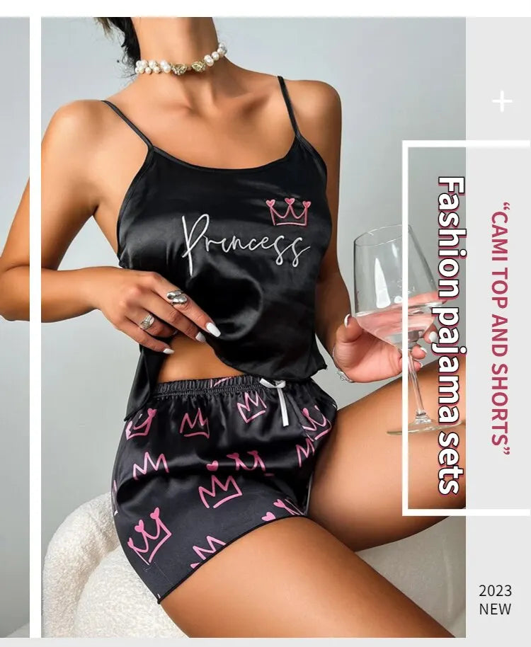 Women's Sexy Lingerie Satin Sleepwear Silk Cami Shorts Set Soft Sleep Pjs 2 Piece Nightwear Print Pajamas Homewear Pyjamas The Clothing Company Sydney