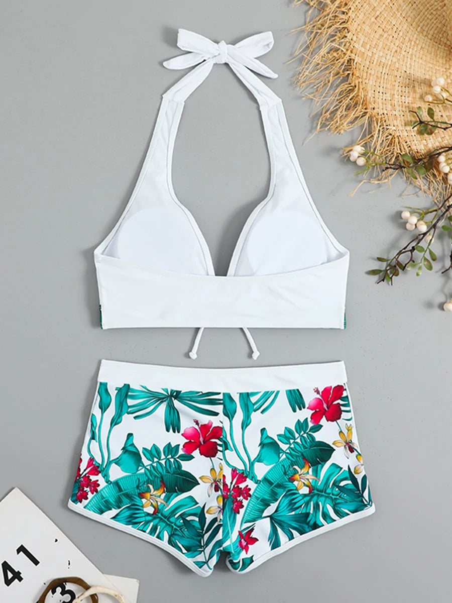 2 Piece Halter Bikini Set Shorts Swimsuit High Waist Swimwear Female Printed Bathers Swimming Bathing Swim Suit Beachwear - The Clothing Company Sydney