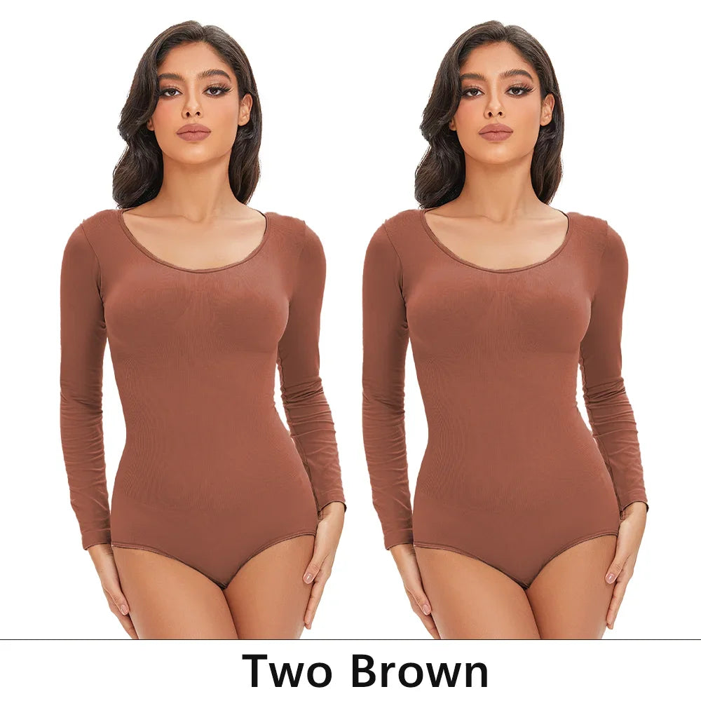 Spandex Elastic Body Suit Shapewear Women Body Shaper Long Sleeve Round Neck Seamless Shapers