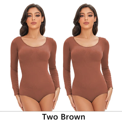 Spandex Elastic Body Suit Shapewear Women Body Shaper Long Sleeve Round Neck Seamless Shapers - The Clothing Company Sydney