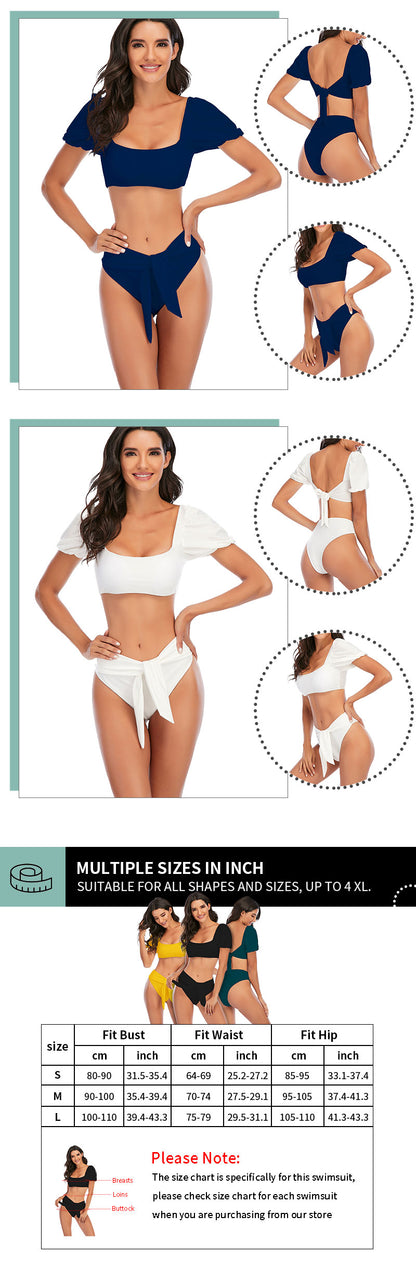 2 Piece Women Swimsuit Solid Colour Short Puff Sleeve Summer High Waist Cut Backless Bathing Suit Beachwear Bikini Set The Clothing Company Sydney