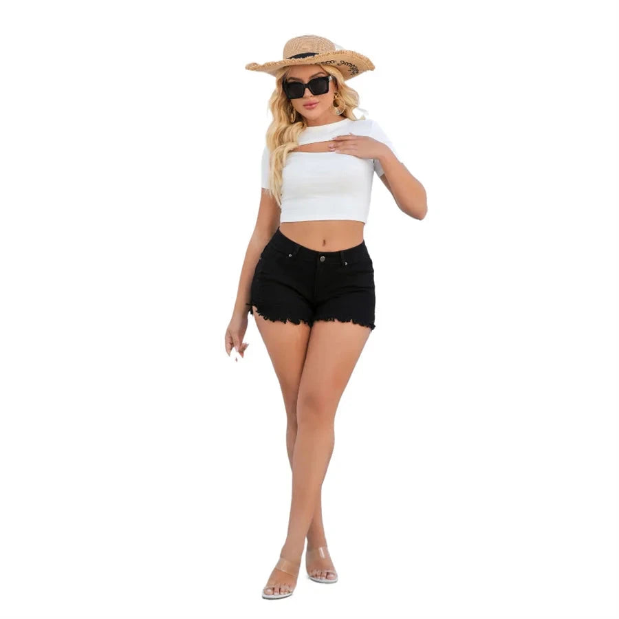 High Waist Denim Shorts Women Summer Casual Washed Retro Streetwear Frayed Hem Slit Jean Shorts The Clothing Company Sydney
