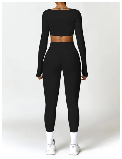 2 Piece Long Sleeve Gym Set Women Yoga Clothes Quick-Drying Sportswear Running Leggings Workout Sports Crop Top Shorts - The Clothing Company Sydney