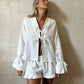 Lace Up Bow Short Sets For Women's Solid V-neck Long Sleeve Blouse Ruffles Shorts Suit Spring Summer Matching Outfit Set - The Clothing Company Sydney