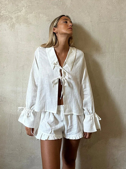 Lace Up Bow Short Sets For Women's Solid V-neck Long Sleeve Blouse Ruffles Shorts Suit Spring Summer Matching Outfit Set - The Clothing Company Sydney