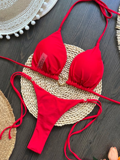 Halter Solid color Bikini Set Women's Swimsuit Two piece Triangle Thong Swimwear Bathing Suit The Clothing Company Sydney