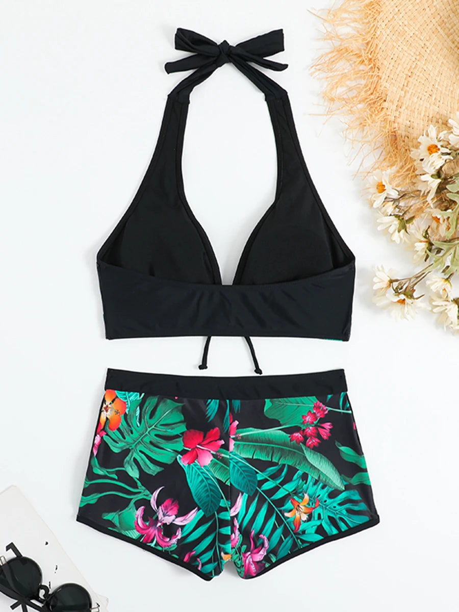 2 Piece Halter Bikini Set Shorts Swimsuit High Waist Swimwear Female Printed Bathers Swimming Bathing Swim Suit Beachwear - The Clothing Company Sydney