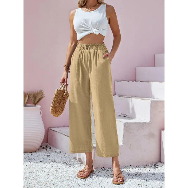 Women's Cotton Linen Loose Wide Leg Pants Summer Female High Elastic Waist Button Casual Streetwear Trousers The Clothing Company Sydney