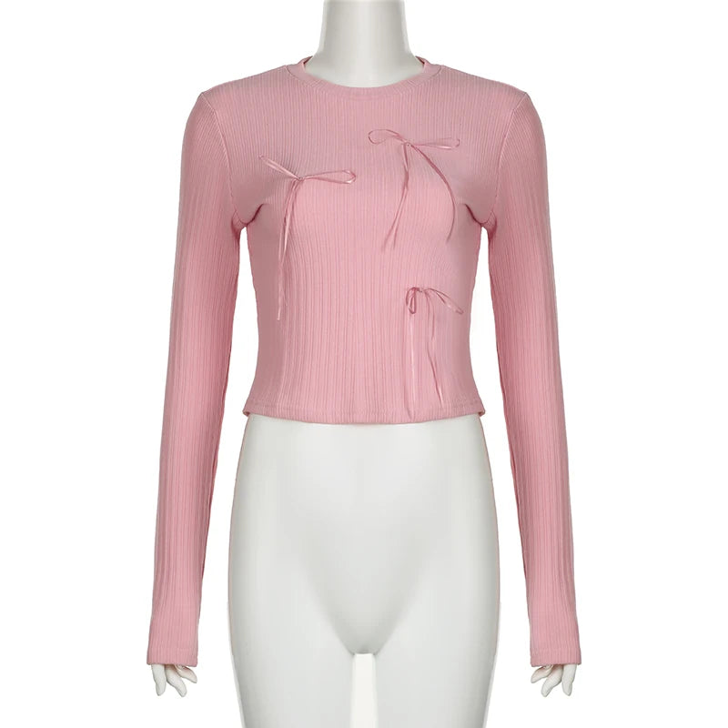 Sweet Bow Knit Spring Top Long Sleeve Pink Bow Women's T Shirts Clothes Basic Outfits - The Clothing Company Sydney