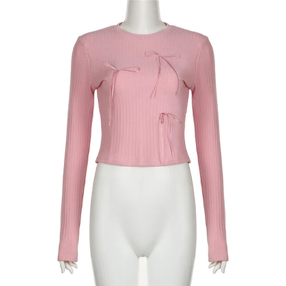 Sweet Bow Knit Spring Top Long Sleeve Pink Bow Women's T Shirts Clothes Basic Outfits - The Clothing Company Sydney