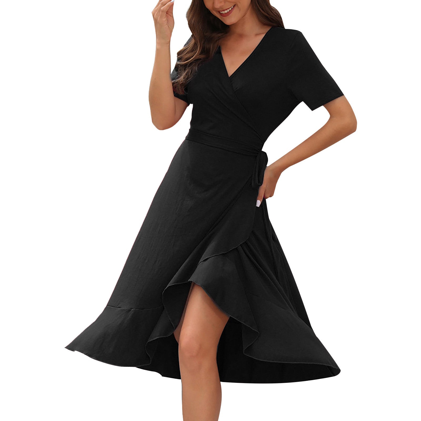 Short Sleeve Ladies Summer Ruffle Hem Slim Wrap Dresses With Belt - The Clothing Company Sydney