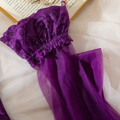 Lace Bodysuit Lace Up Costume Long Gloves Stocking See-Through Tights Lingerie Matching Outfit Set - The Clothing Company Sydney