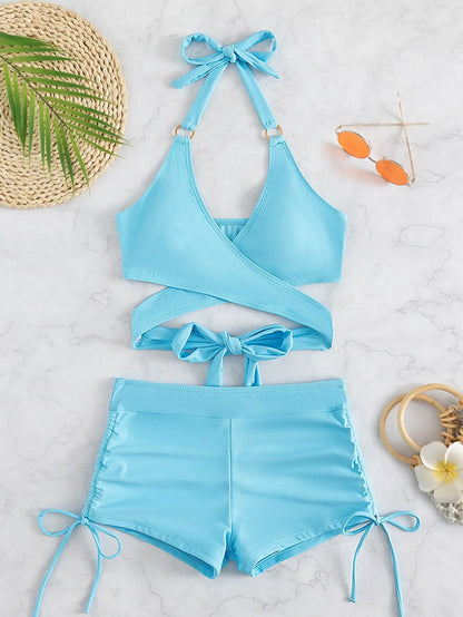 High Waist Two piece Bikini Women's Solid Hollow Swimsuit Cross Gathered Swimwear Summer Drawstring Beach Bathing Suit
