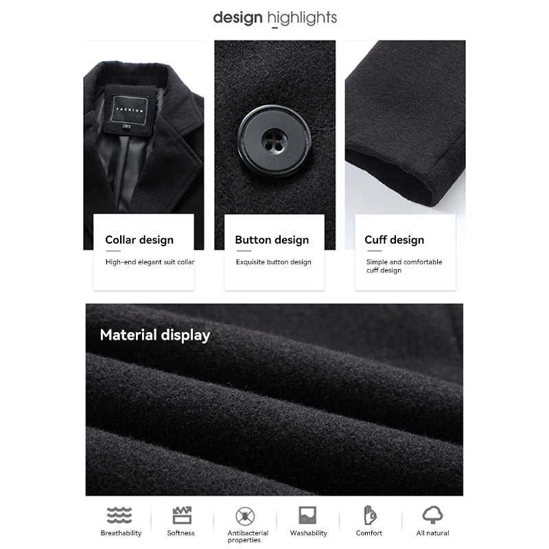 Single Breasted Lapel Long Coat Jacket Fashion Autumn Winter Casual Overcoat Plus Size Trench Men's Woolen Coats Solid Color - The Clothing Company Sydney
