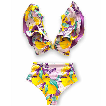 V-Neck High Waist Bikini Sets Shoulder Ruffled Printed Swimsuit Two Piece Swimwear Bathing Suits The Clothing Company Sydney