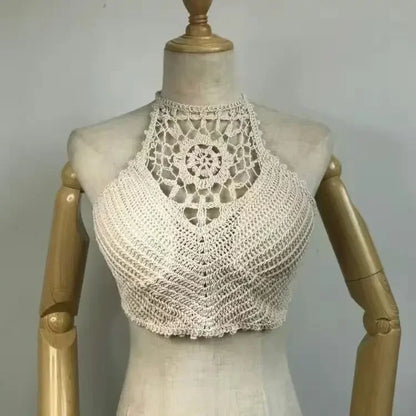Crop Tops Retro Wild Hollow Perspective Tassel Spaghetti Strap Tank Top Women Built In Bra Back Lace Halter Neck Top The Clothing Company Sydney