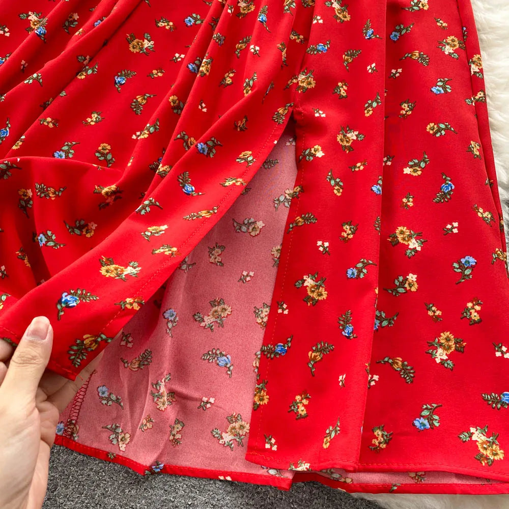 Women's Fashion Romantic Floral Print Split Long Summer Dress Puff Sleeve Party Dress - The Clothing Company Sydney